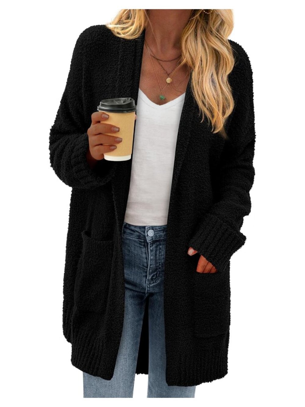 Womens Long Chunky Fuzzy Knit Cardigan Oversized Open Front Sweater Coat